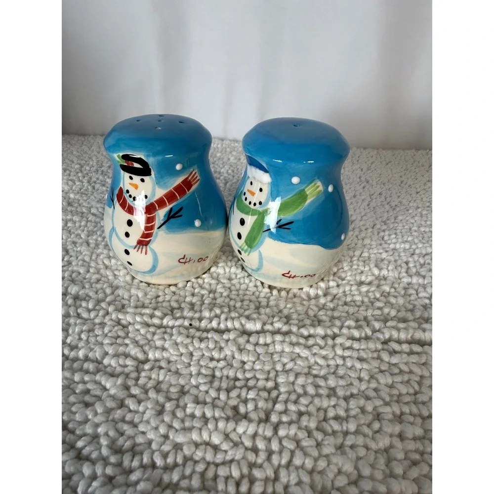 VTG‎ Hand Painted Snowman Salt and Pepper Shakers Ceramic Blue Winter Holiday